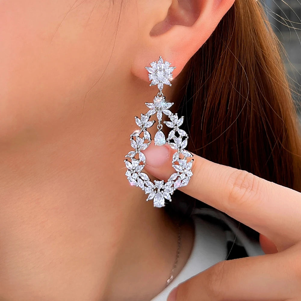 ThreeGraces Shining White Cubic Zirconia Big Long Flower Dangle Bridal Earrings for Women Fashion Wedding Party Jewelry E2018