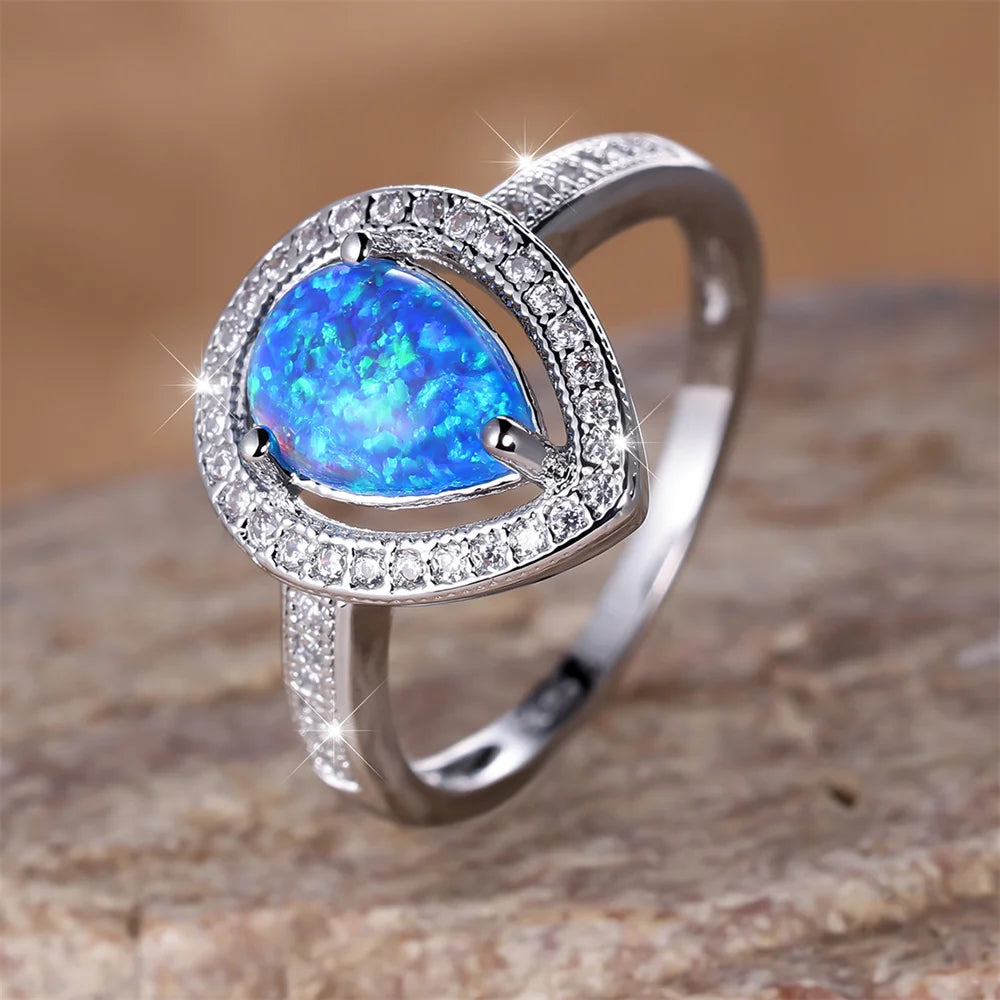 Cute Water Drop Stone Ring Blue Fire Opal Wedding Rings For Women Silver Color Engagement Jewelry Accessory Mother's Day Gifts