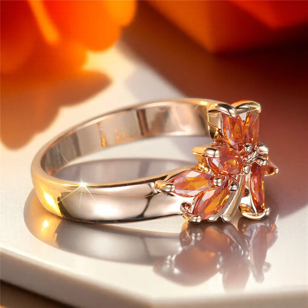 Cute Female Red Zircon Stone Tree Leaf Ring Rose Gold Color Engagement Charm Wedding Jewelry For Women