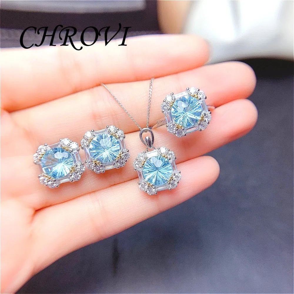 Light luxury 925 sterling silver popular diamond ring blue topaz ring pendant earring set， jewelry for women