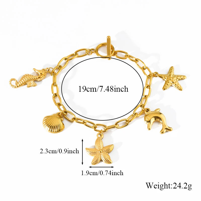EILIECK 316L Stainless Steel Metal Starfish Shell Seahorse Bracelet For Women Trendy Wrist Chain Waterproof Beach Jewelry Gift
