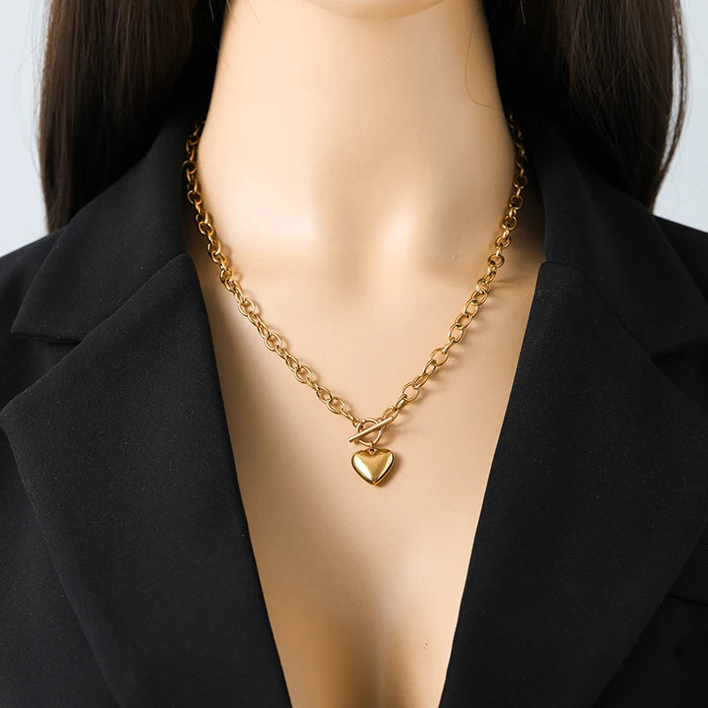 EILIECK 316L Stainless Steel Gold Color Smooth Heart Charm Necklace Bracelets Set For Women Trendy Waterproof Jewelry Lady Gift