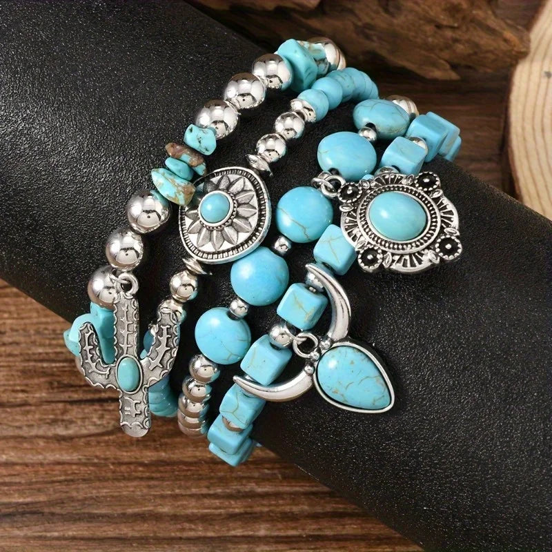 Bohemian Style Bead Bracelet with Cow's Head Geometric Inlay Imitation Turquoise Fashion Combination Jewelry Accessories