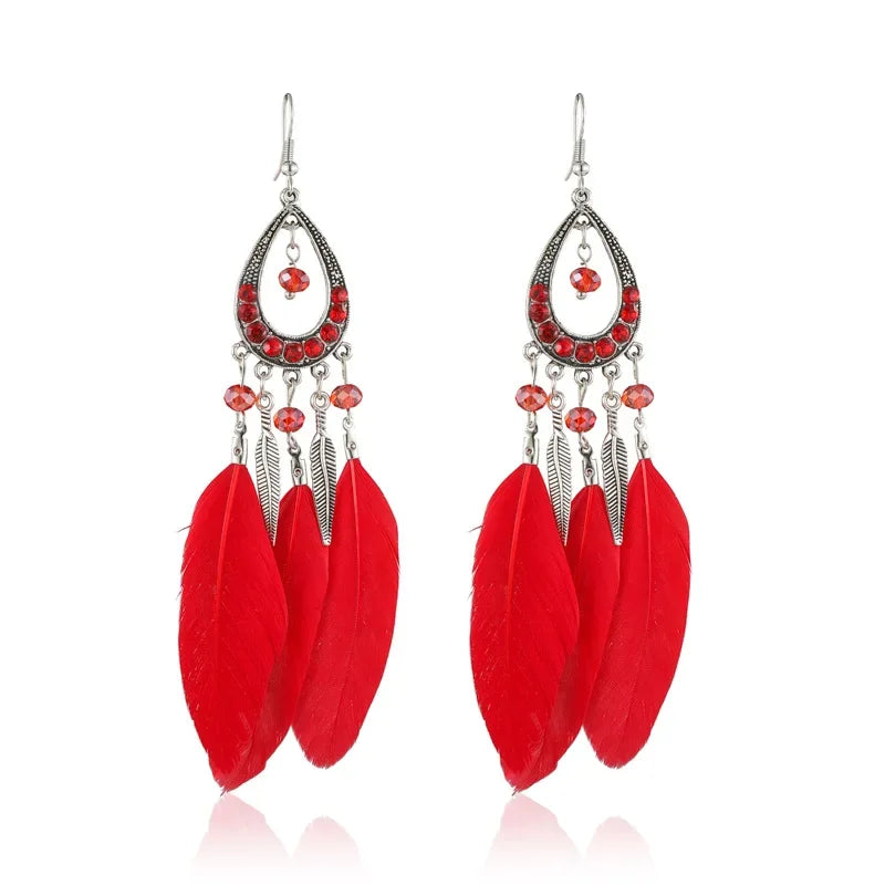 Bohemian Women Handmade Earrings For Female Colorful Long Feather Crystal Drop Tassel Dangle Earring Ladies Boho Jewelry Gift