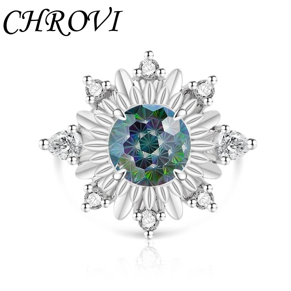 Luxurious 925 sterling silver gemstone flower chrysanthemum ring for women - ultra-shiny sunflower style finger ring
