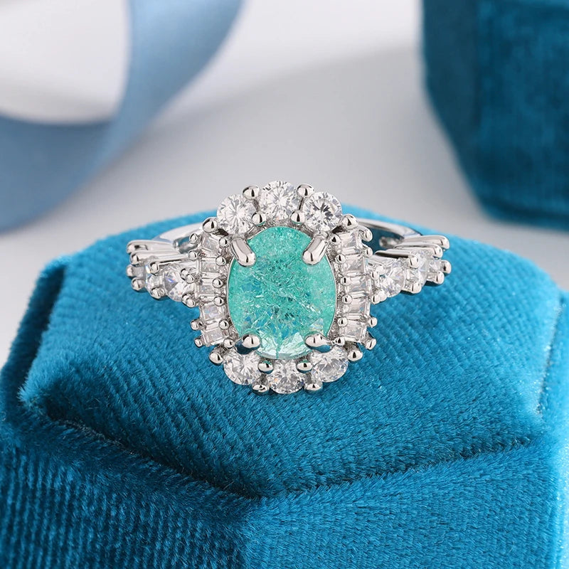 925 Silver Plated Luxurious Paraiba Sapphire Oval Full Diamond Couple Ring For Women Eometric Zirconia Valentine's Day Gift