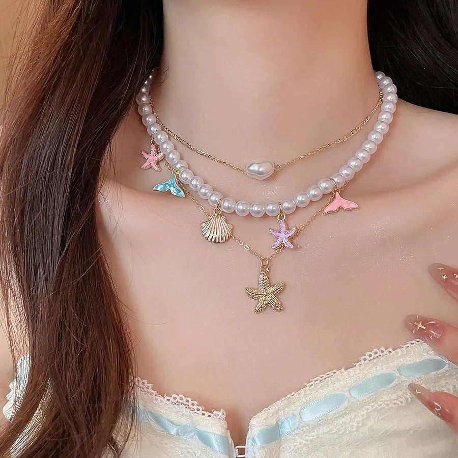 3Pcs Set Trendy Sea Star Shell Pendant Pearl Chain Necklace For Women Boho Charm 2026 New Personalized Neck Jewelry Accessories