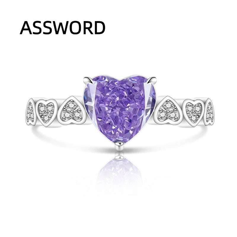 925 Sterling Silver Heart Cut Birthstone Ring for Women Multi Heart Pave CZ Band Solitaire Wedding Band Romantic Jewelry Gift