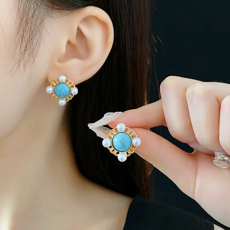 NISHIZAWA Pearls Stud Earrings for Women Geometric Sweet Korean Fashion Jewelry Elegant Vintage Simple Aretes De Mujer