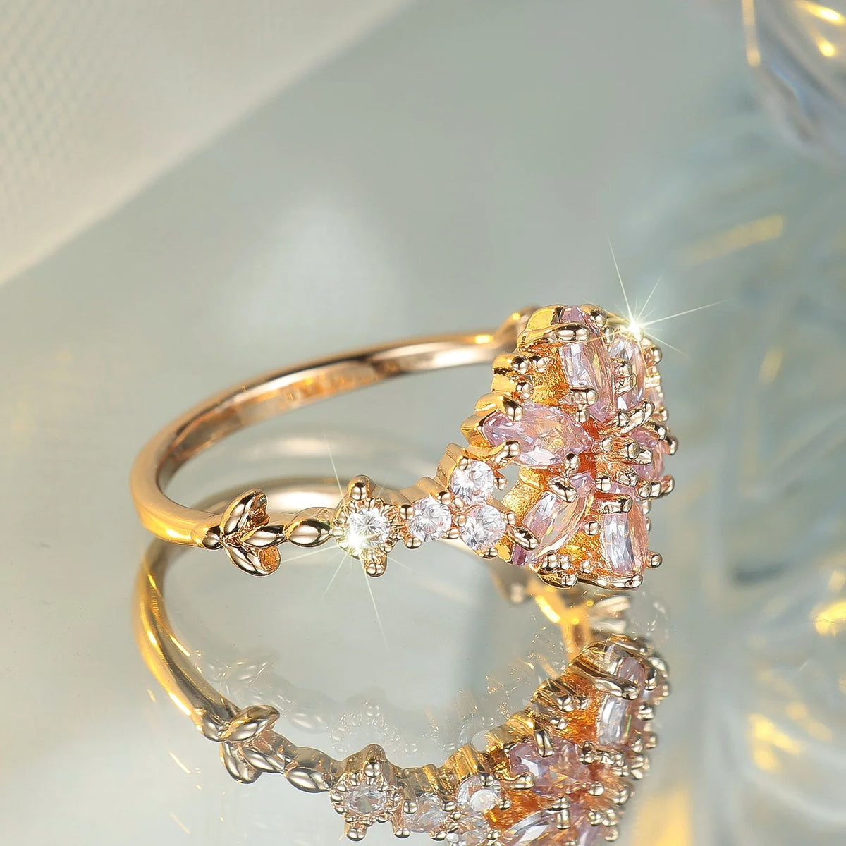 Cute Female Zircon Stone Flower Ring Gold Color Engagement Charm Wedding Jewelry For Women
