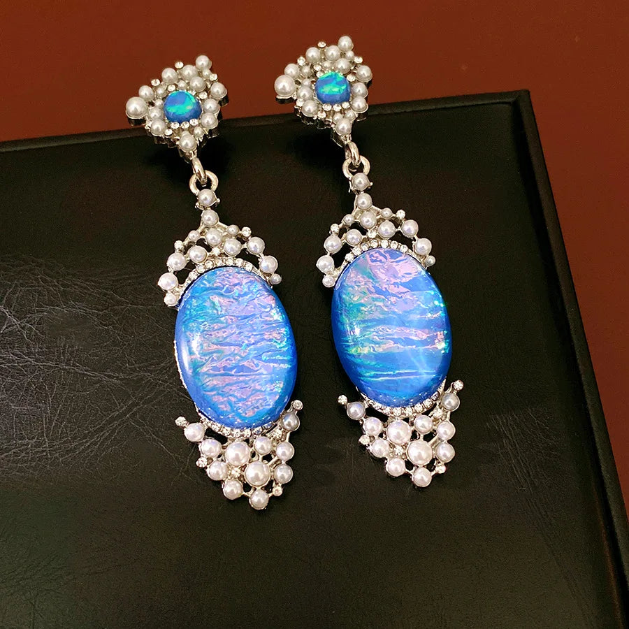 Imitation Pearl Necklace Drop Earrings Oval Shaped Pendant Necklace Earring Women's Fashion Rhinestone Party Jewelry Set  K