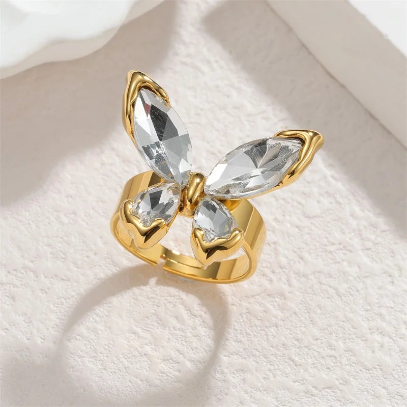 EILIECK Minimalist Classic 18K Gold Color Plated Butterfly Zircon Adjustable Ring Hypoallergenic Stainless Steel Jewelry Gift
