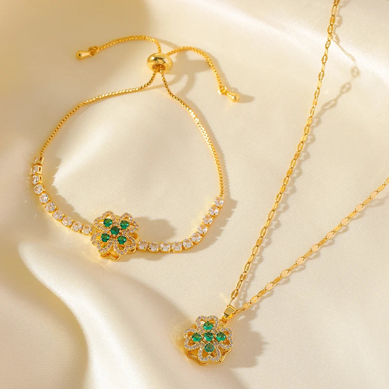 EILIECK New Fashion Stainless Steel Rotating Green Clover Zircon Necklace Bracelet Set For Women Trendy Waterproof Jewelry Gift