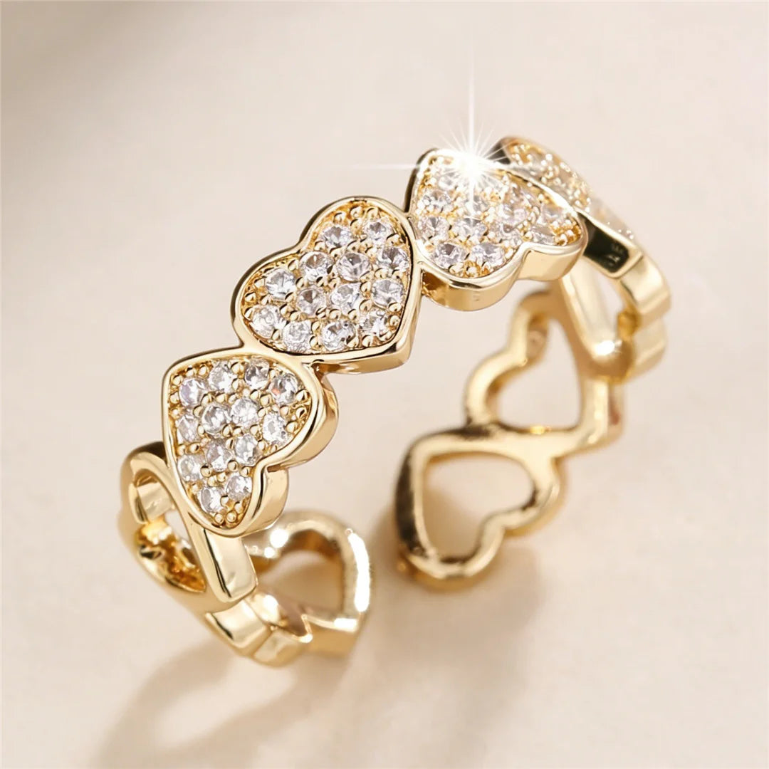 Cute Female Gold Color Heart Wedding Rings Promise Open Adjustable Engagement Jewelry For Women