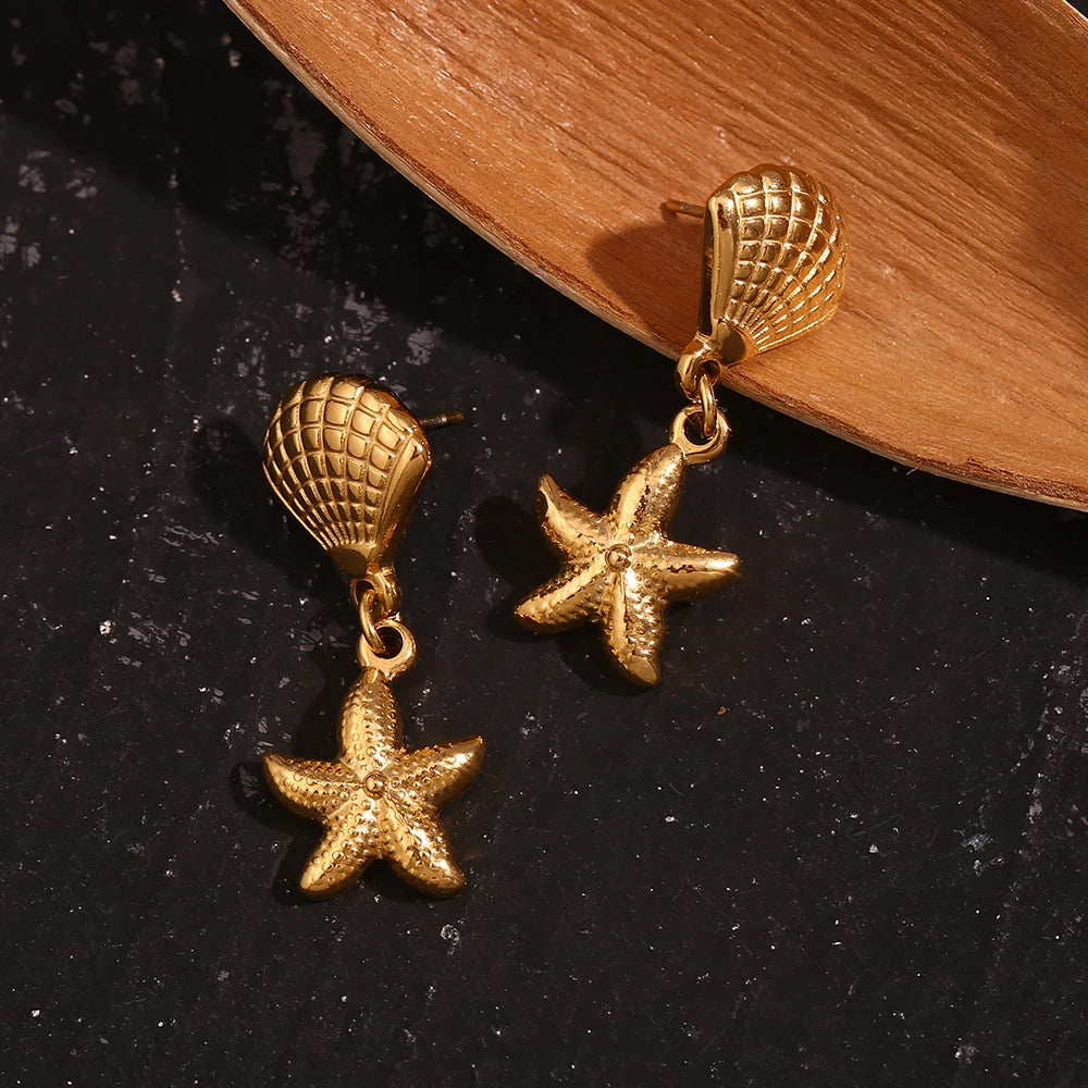 E.B.belle Scallop and Starfish Splicing Earrings 316L Stainless Steel Women's Earrings 18K Gold Plated Decoration