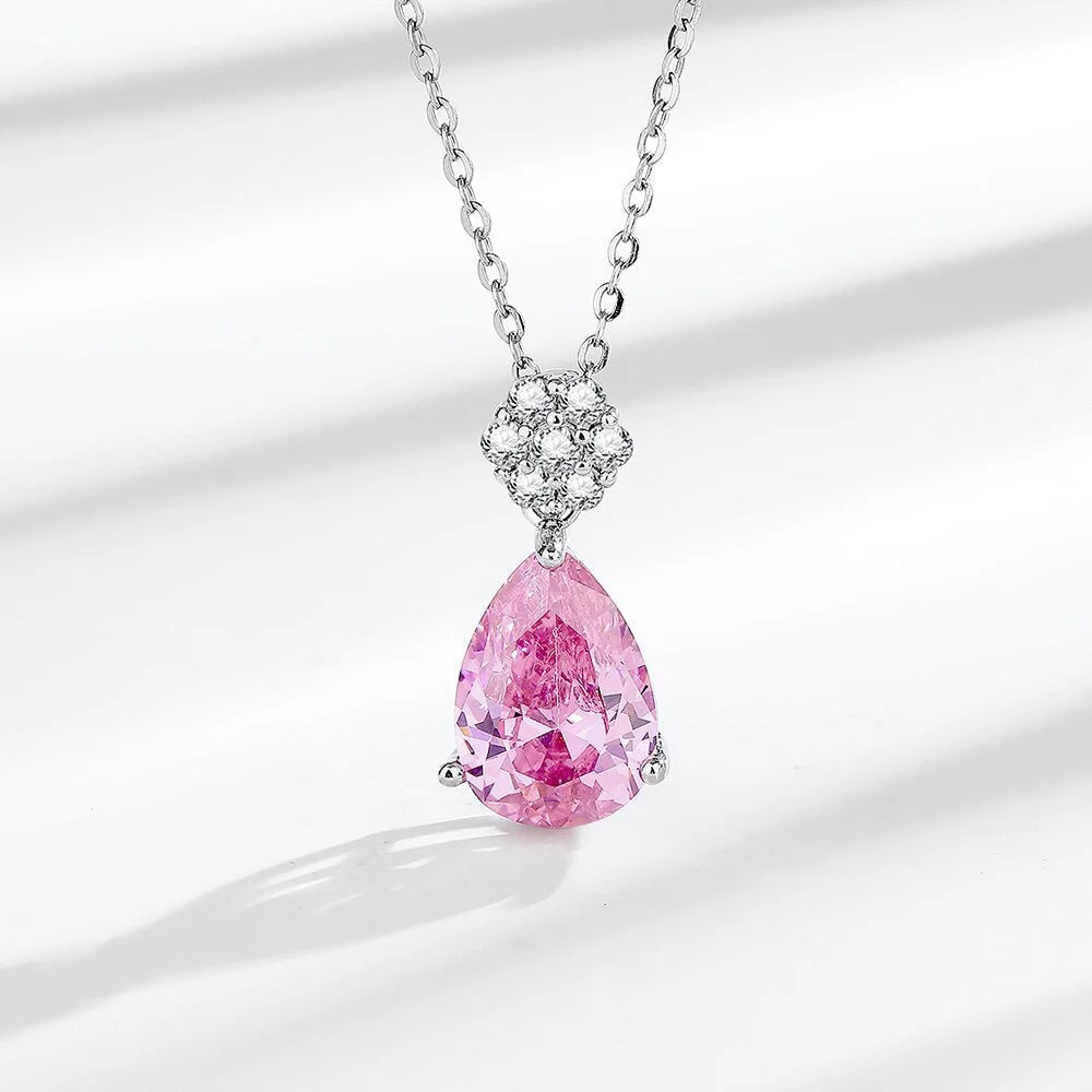 925 Sterling Silver Jewelry Set Shiny Rose Quartz Zircon Women Necklace Earrings Birthday Wedding Party Jewelry Gift