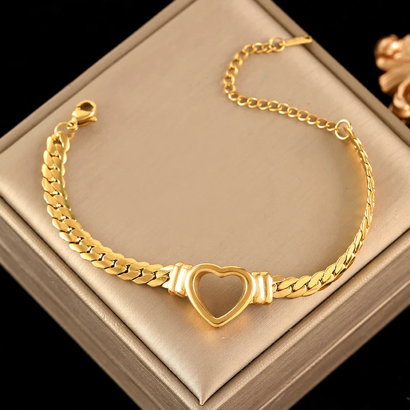 EILIECK 316L Stainless Steel Metal Hollow Heart Necklace Bracelets Set For Women Trendy Waterproof Gold Color Chain Jewelry Gift