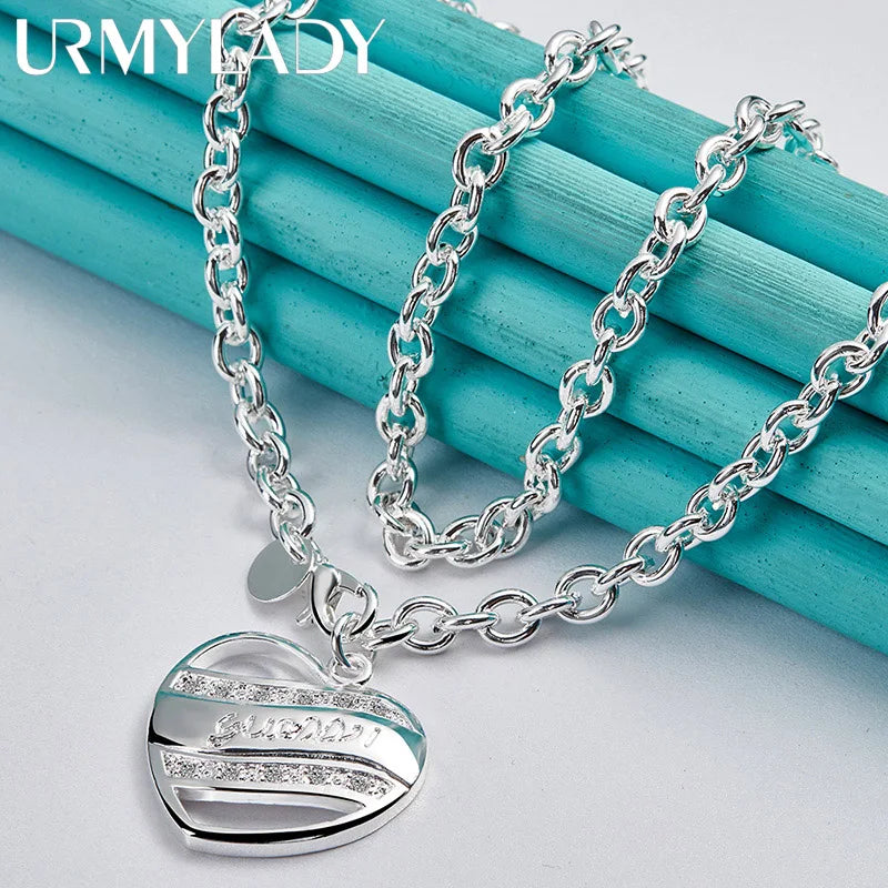 URMYLADY 925 Sterling Silver Love Heart 18 Inch Pendant Necklace For Women Wedding Engagement Fashion Party Jewelry