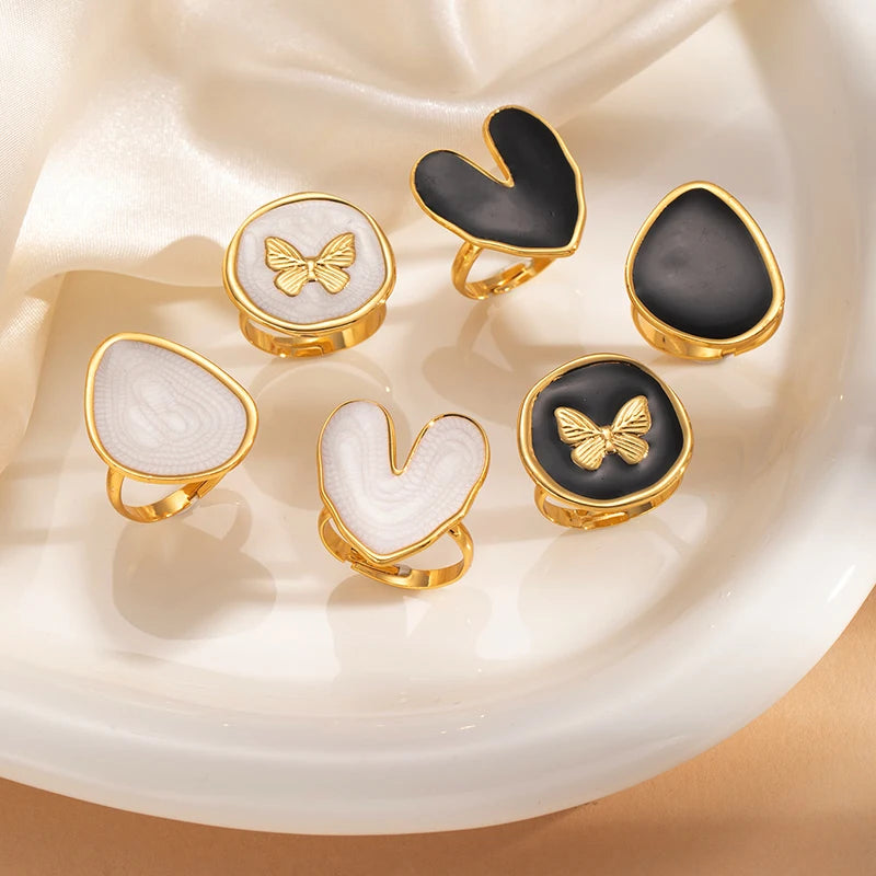 ANENJERY 316L Stainless Steel Geometric Circular Heart Waterdrop Enamel Ring For Women Luxury Temperament Fashion Jewelry Gifts