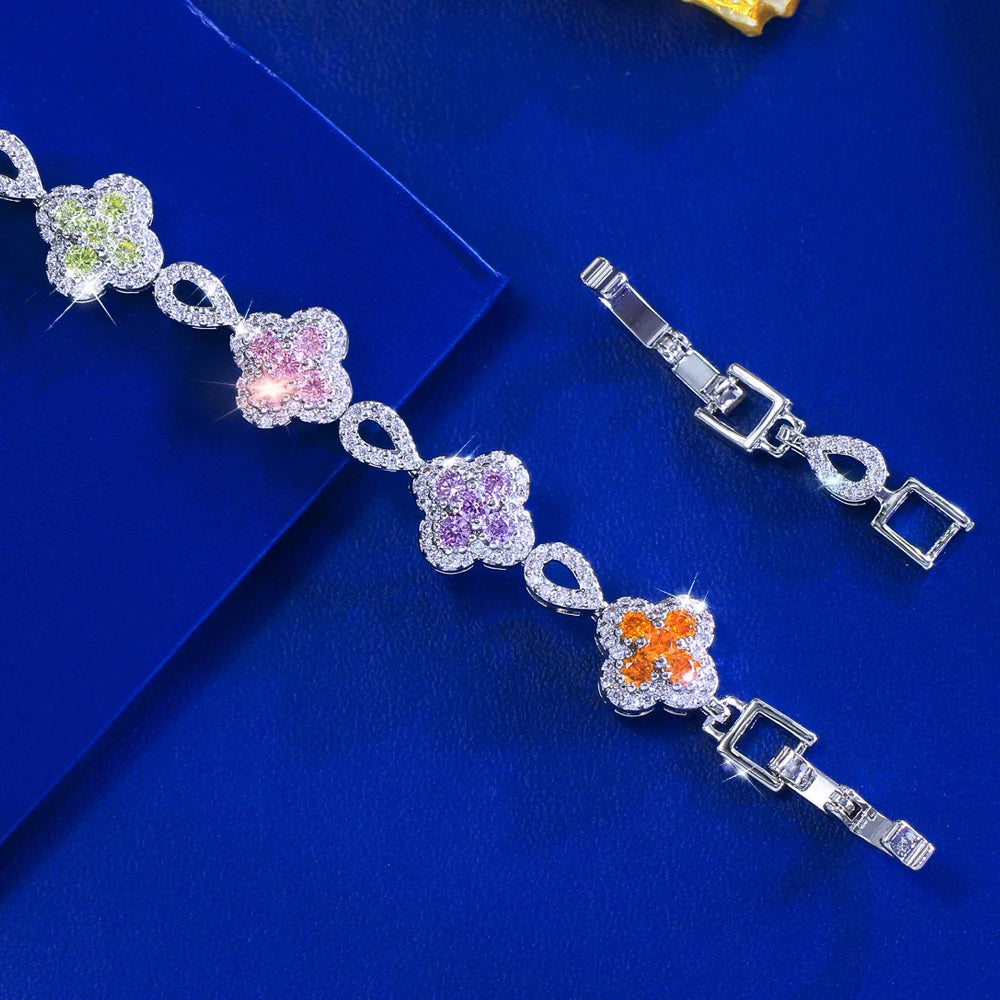 ThreeGraces Fashion Shiny Colorful Zirconia Lucky Leaf Shape Bridal Wedding Link Chain Bracelet for Women Party Jewelry BR450