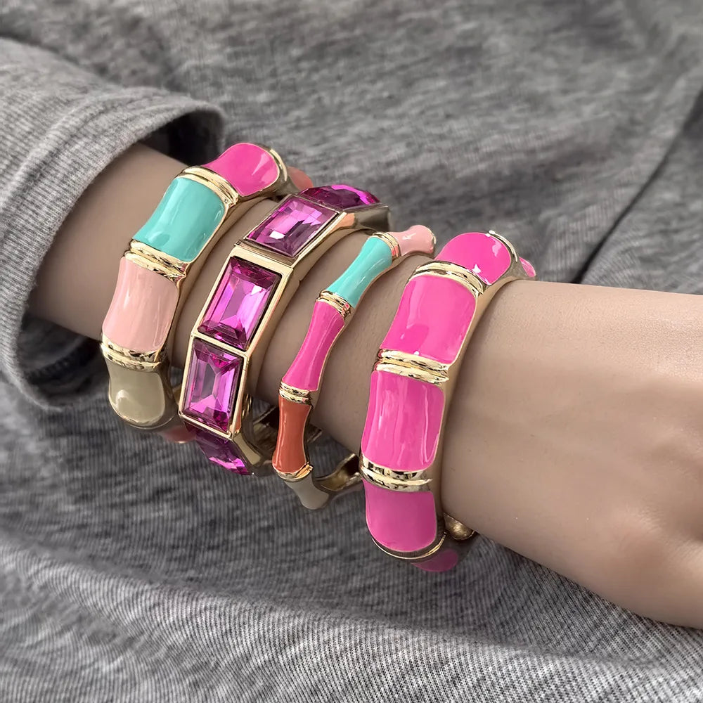KMVEXO Elegant Charm Pink Zinc Alloy Enamel Bangles Geometric Irregular Wide Cuff Spring Bangle Bracelets For Women Jewelry