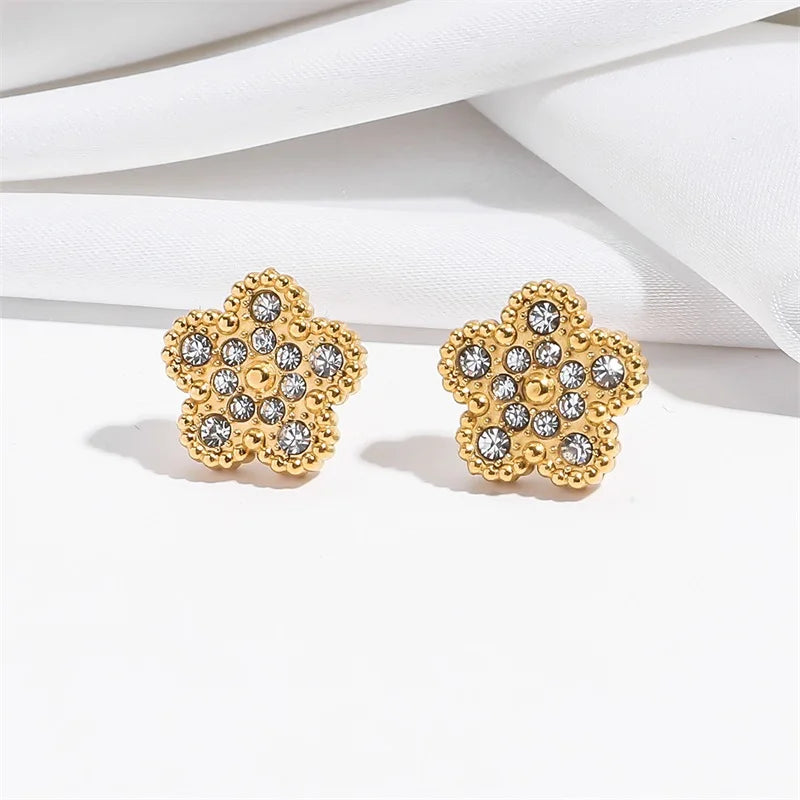 EILIECK New Fashion Stainless Steel Pink Zircon Clover Necklace Bracelet Earrings Set For Women Trendy Flower Jewelry Set Gift