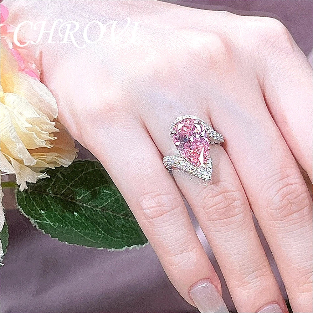 Luxury-Style 925Sterling Silver Drop-shaped Pink Zirconia Fashion Ring Full Diamond-Engraved Elegant Open Design Women's Jewelry