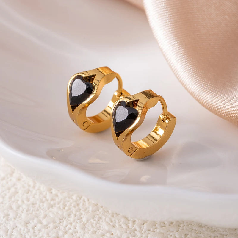 ANENJERY 316L Stainless Steel Geometry Heart Water Drop Zircon Hoop Earrings For Women Men Simple Personality Jewelry Gifts