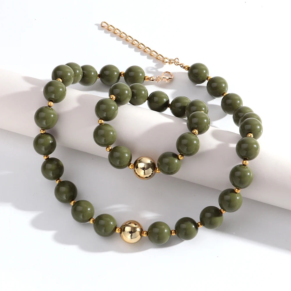 Trendy Acrylic Multicolor Round Beads Necklace Bracelet Set Resin Geometric Beaded Choker Necklaces 2026 Fashion Jewelry