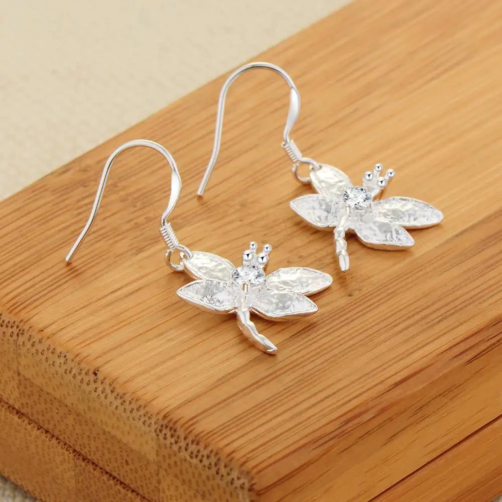 New 925 Sterling Silver Set High Quality Dragonfly Necklace Earring Chain Fashion Jewelry For Women Wedding Birthday Party Gift