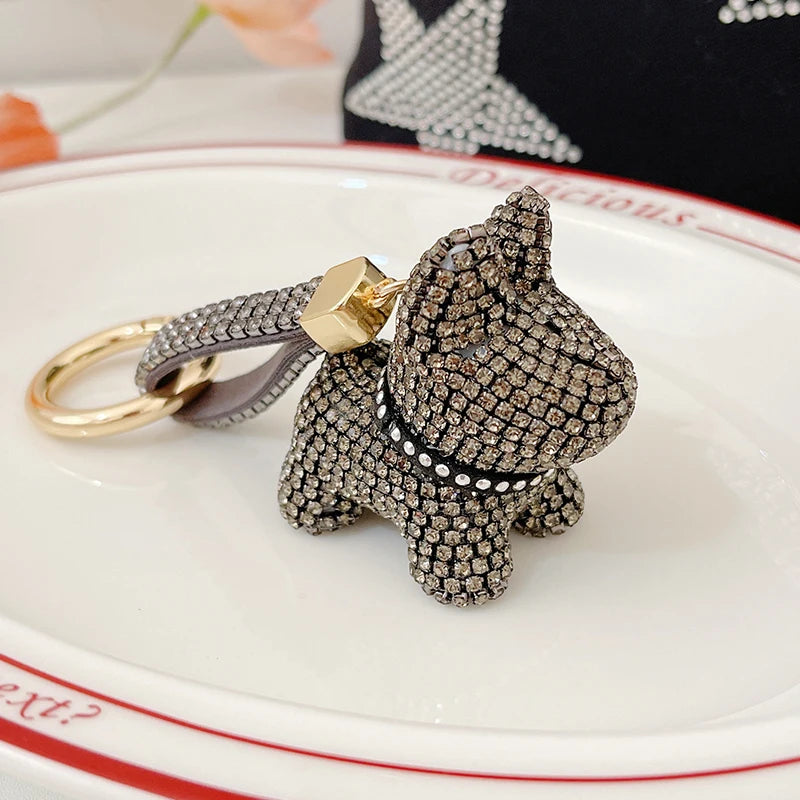 Full Crystals Anime Cartoon Keychain Wommen Bag Key Ring Hearts Bulldog Bears Souvenirs Gifts Брелоки
