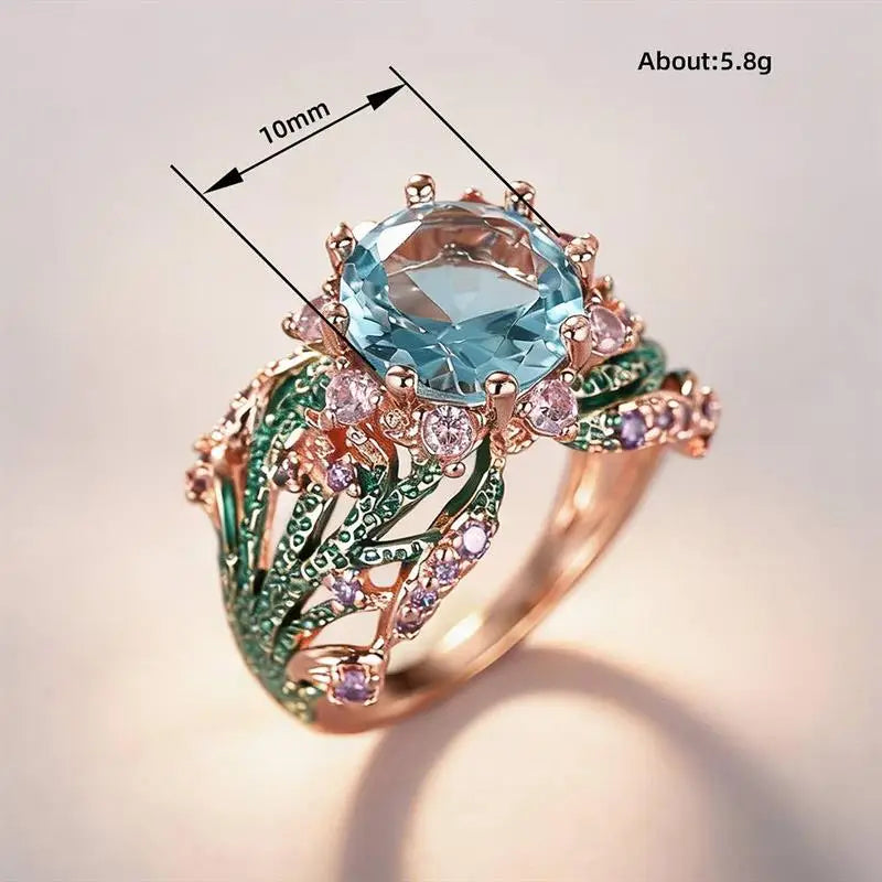 Huitan Special Flower Design Women Ring Colorful Enamel Wedding Party Two Tone Accessories Inlaid Shiny Blue CZ Noble Jewelry