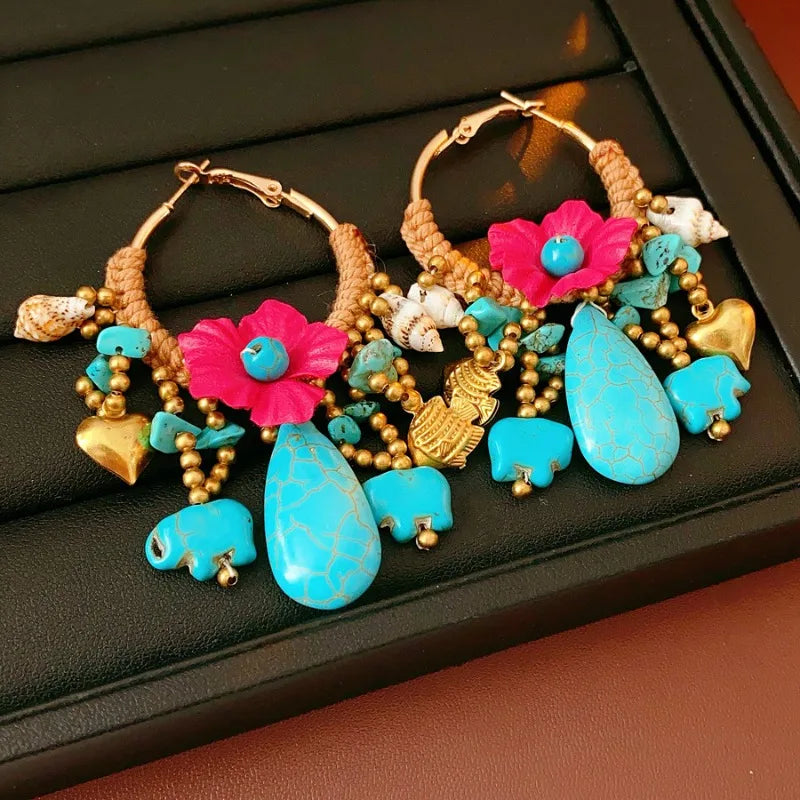 NISHIZAWA Bohemian Stones Earrings for Women Flowers Tassels Fashion Jewelry Elegant Beach Style Retro Aretes De Mujer