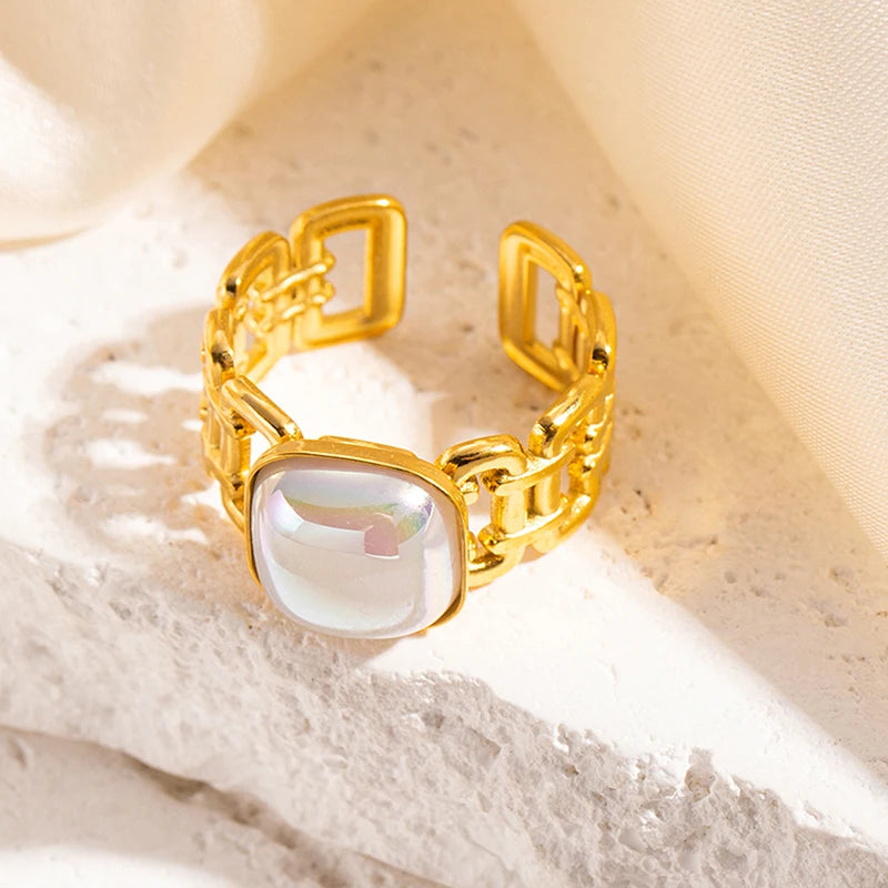 ANENJERY 316L Stainless Steel Turquoise Zircon Hollow Open Multi Layered Ring for Women Vintage Niche Jewelry Gifts Wholesale