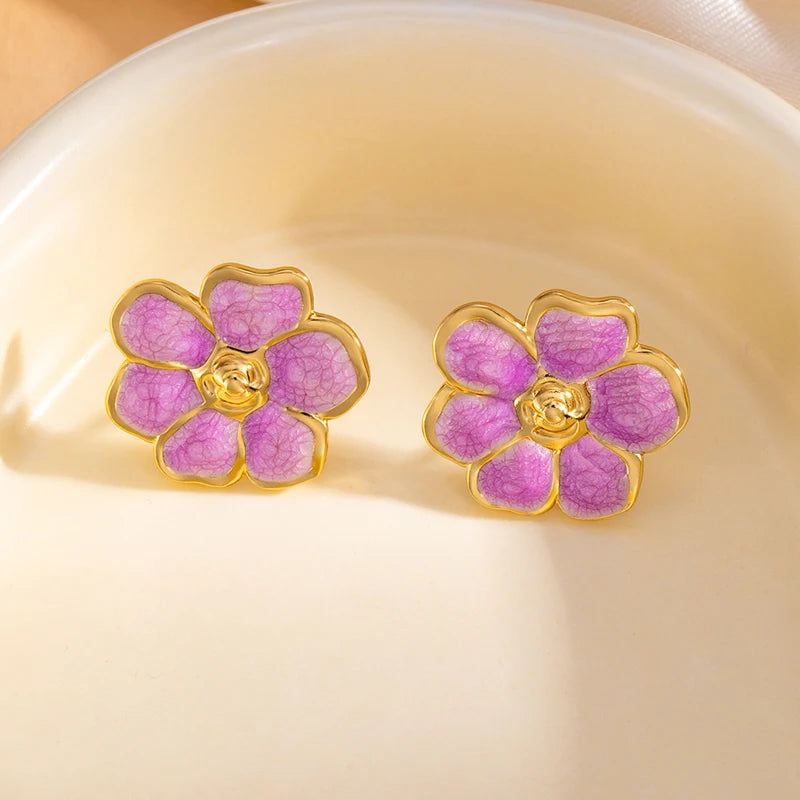 ANENJERY 316L Stainless Steel Colorful Enamel Flower Stud Earrings For Women Temperament Luxury Niche Simple Jewelry Gift
