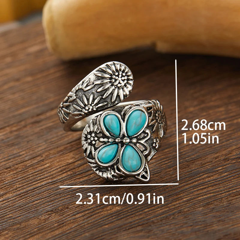 Vintage Bohemian Faux Turquoise Ring Fashion Butterfly Skeleton Ring Fashionable Temperament Ethnic Style Women's Jewelry