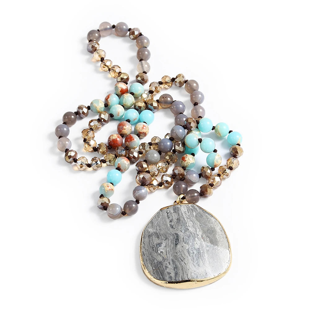 Women Fashion Bohemian Style 8mm Multicolor Natural Stone Glass Knotted Necklace Irregular Cut Surface Heavy Stone Pendant