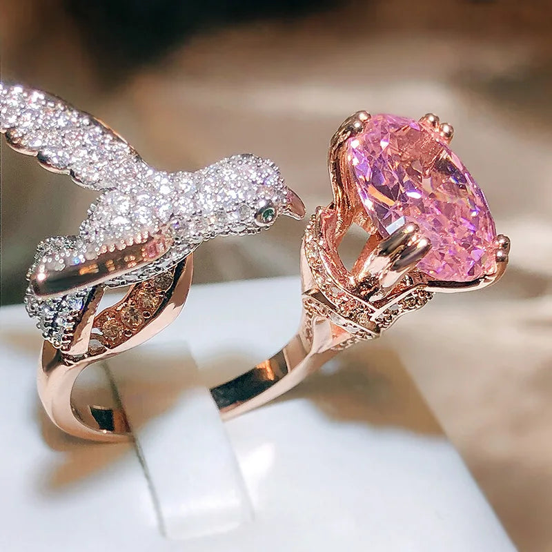 Creative Colored Gemstone Women Ring Simulating St. Mary's Aquamarine Hummingbird Ring 925 Stamp Wedding Party Fashion Jewellery