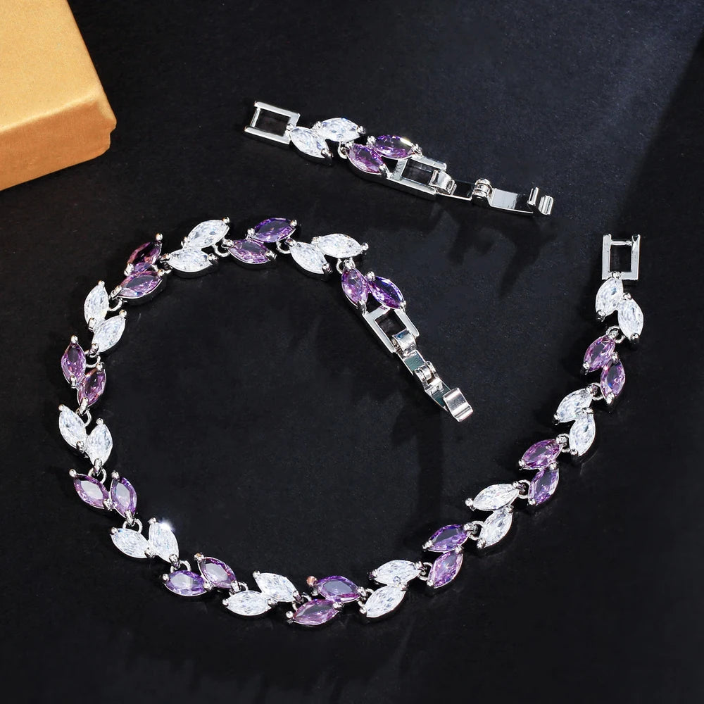 ThreeGraces New Trendy Brilliant Cubic Zirconia Leaf Shape Bridal Wedding Tennis Chain Link Bracelet Jewelry for Women B621