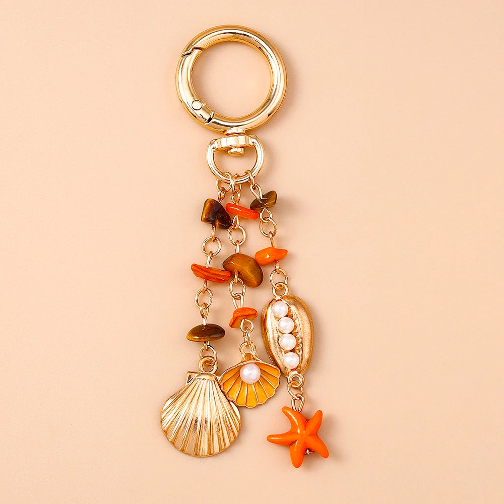 Summer Beach Mermaid Shell Starfish Keychain Women Girls Pearl Love Heart Key Ring Pendants for Handbag Decor DIY Jewelry Gifts