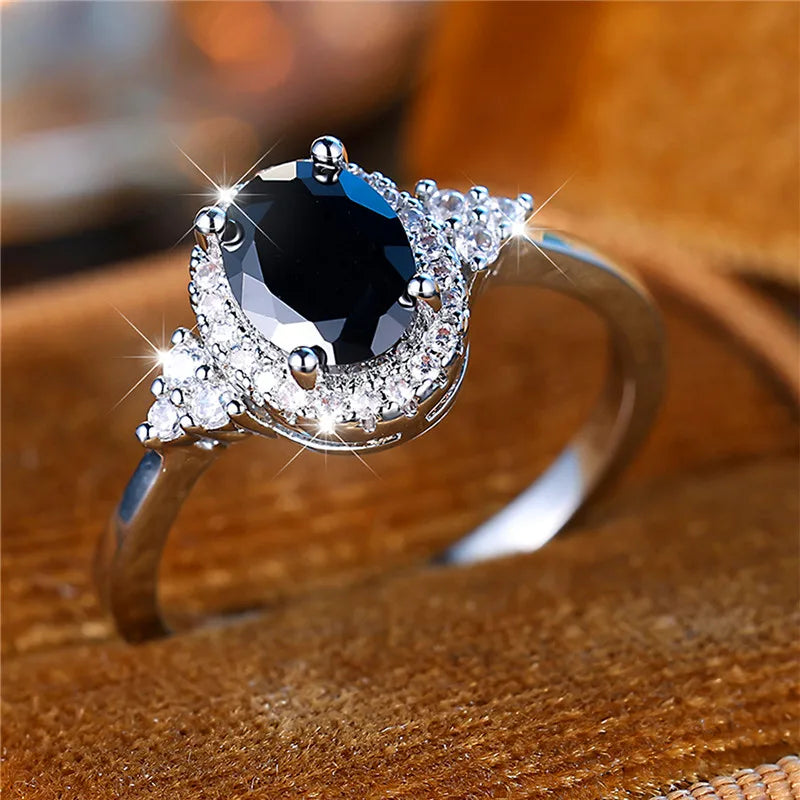 Cute Female Black Oval Zircon Stone Engagement Ring Trendy Silver Color Bride Wedding Jewelry Gift For Women