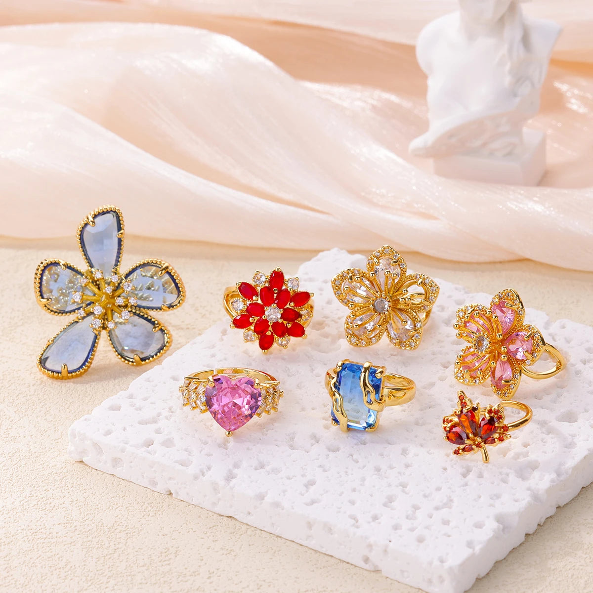 Stainless Steel Rings Gold Plated Colorful Stone Zircon Crystal Luxury Flower Ring For Women Wedding Jewelry Christmas Gift New