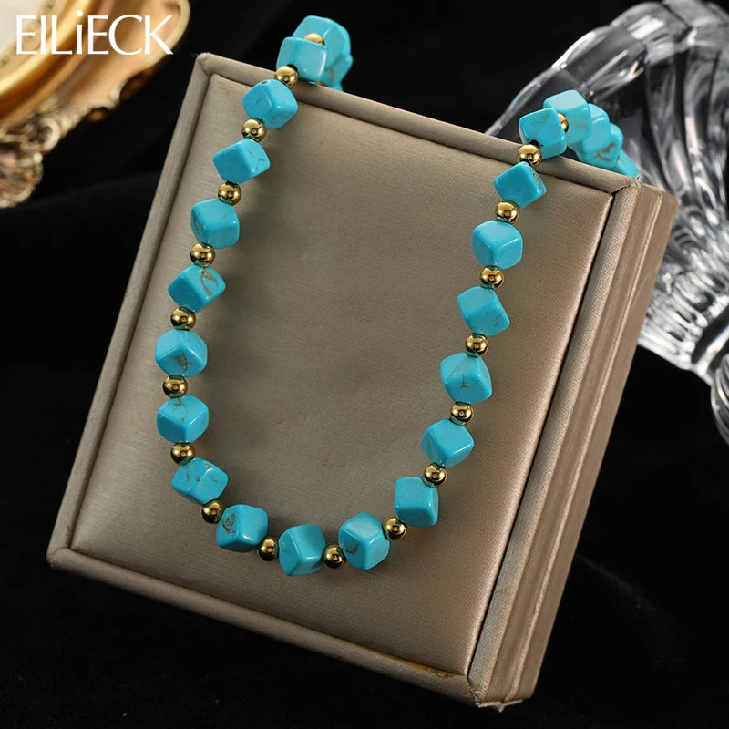 EILIECK 316L Stainless Steel Green Stone Necklaces Irregular Bead String Necklace Fashion Women's Vacation Jewelry Chain Chokers
