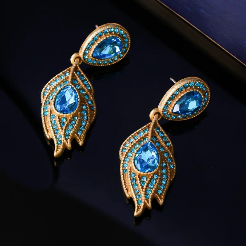 Blue Rhinestones Earrings for Women Exquisite Light Luxury Fashion Jewelry Feather-shaped Vintage Palace Style Aretes De Mujer