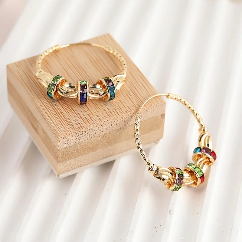 Retro Metal Crescent Earrings Bohemian Water Drop Tassel Earrings Multicolor Gemstone Inlay Jewelry for Women Gifts