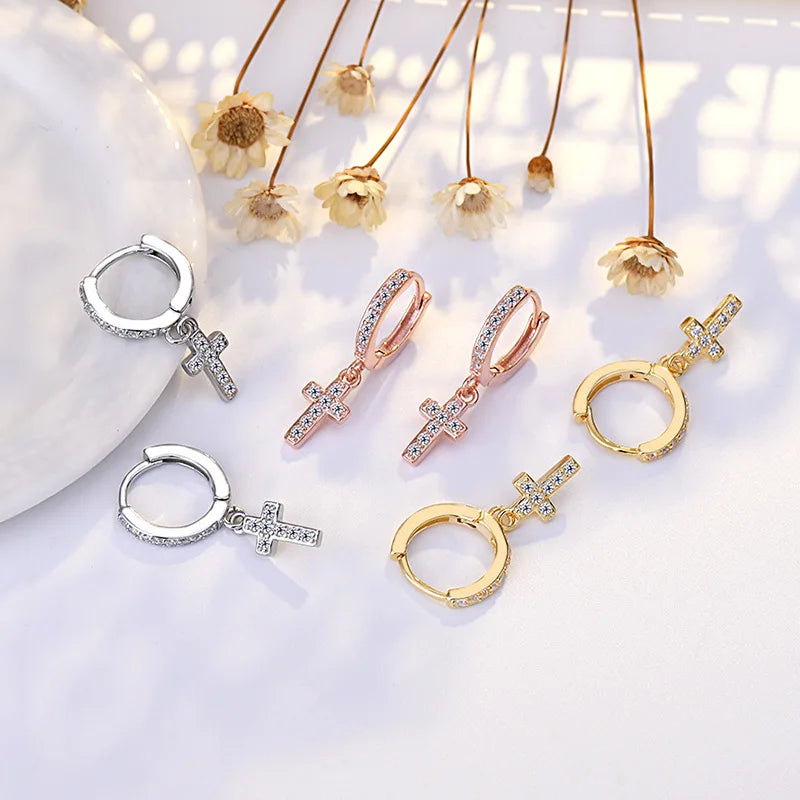 925 Sterling Silver Earrings High quality Cross sparkle 5A Zircon for Women Fashion Jewelry Wedding Engagement Party Gifts
