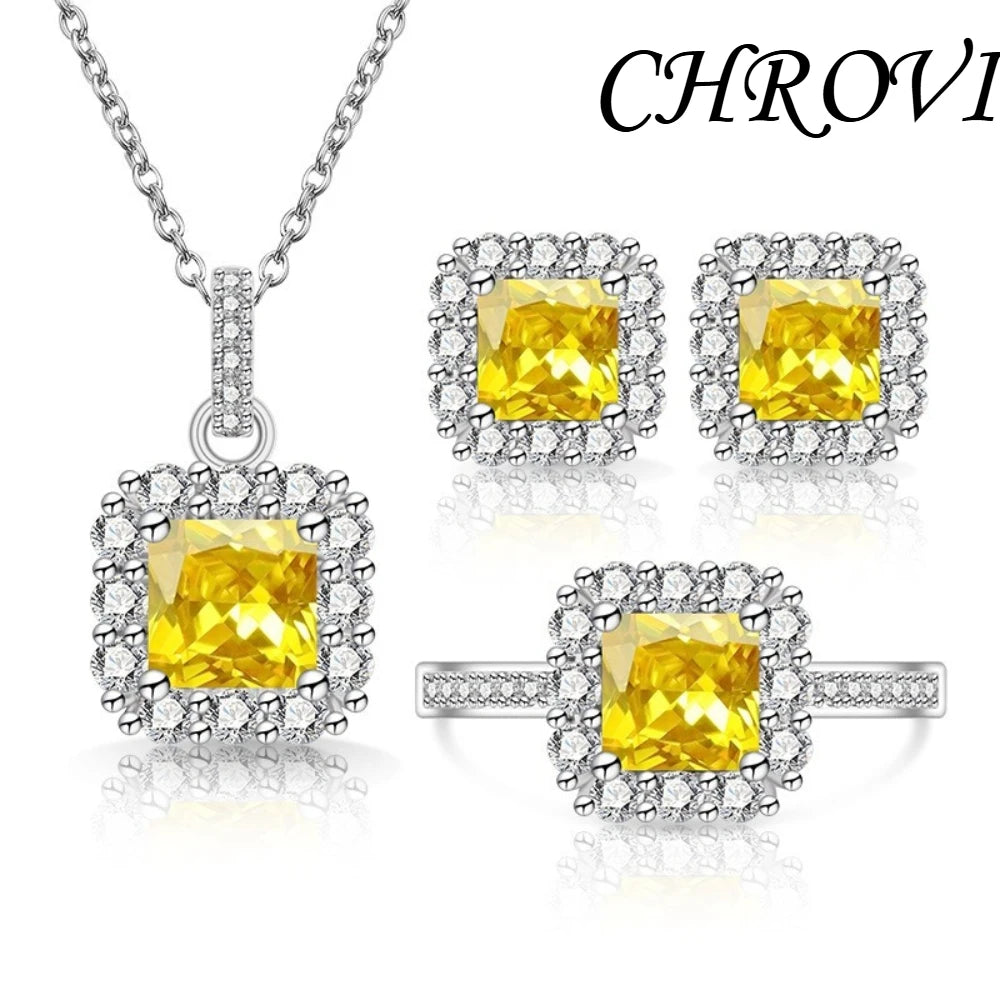 Luxury 925 Sterling Silver Gemstone Small Square Beads with Zirconia Necklace, Earrings, Ring Set and Decorative Items
