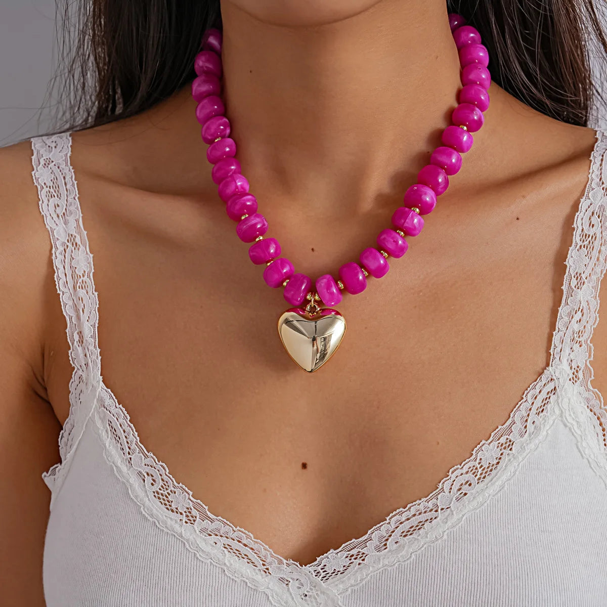 KMVEXO Bohemia Colorful Resin Beaded Heart Pendant Acrylic Necklaces for Women Aesthetic Y2K Fashion Choker Necklace Jewelry ﻿