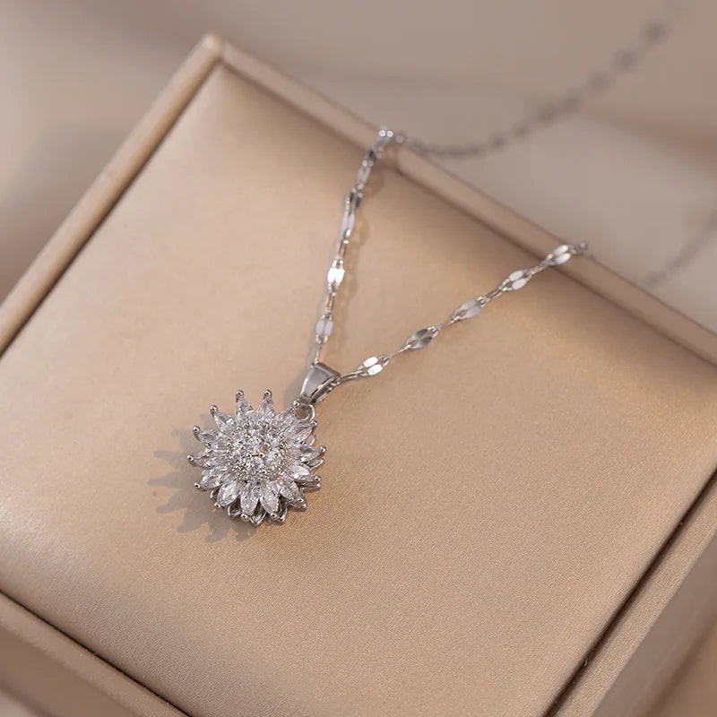 316L Stainless Steel Luxury Zircon Flower Pendant Necklace For Women Girl New Trend Clavicle Chain Jewelry Lady Gift