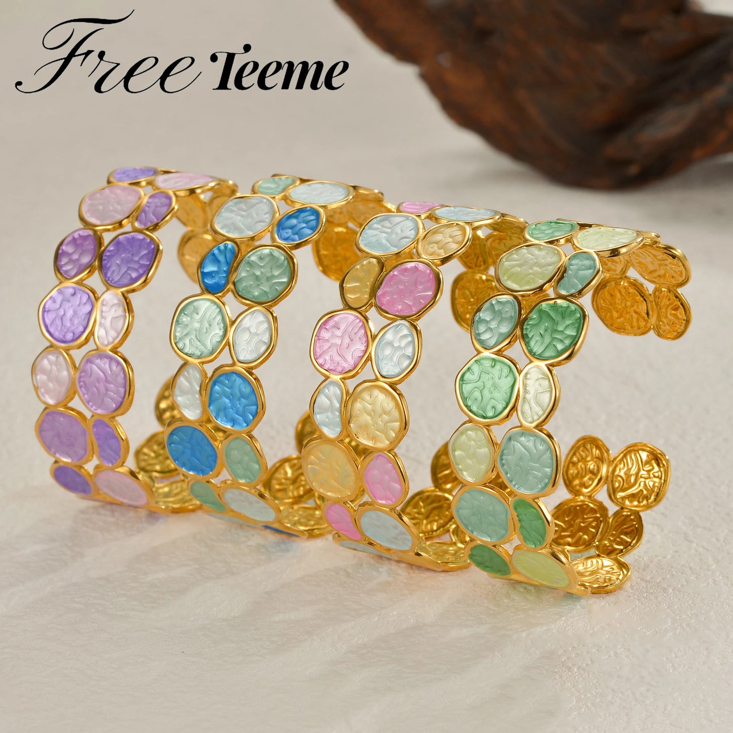 Freeteeme Fashion Stainless Steel Double Circle Link Open Bangle for Women Men Gold Color Cuff Bracelet Colorful Jewelry Gifts
